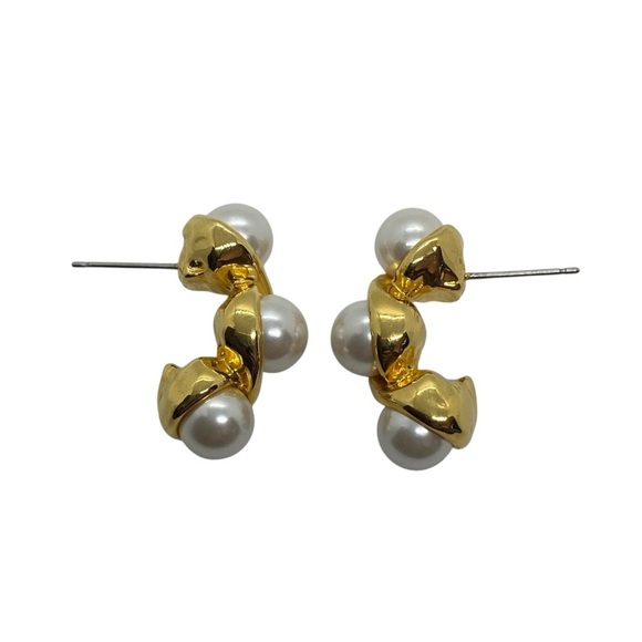 Faux Pearl Trio Drop Post Earrings w. Gold Tone Unsigned Vintage Jewelry - Picture 3 of 5